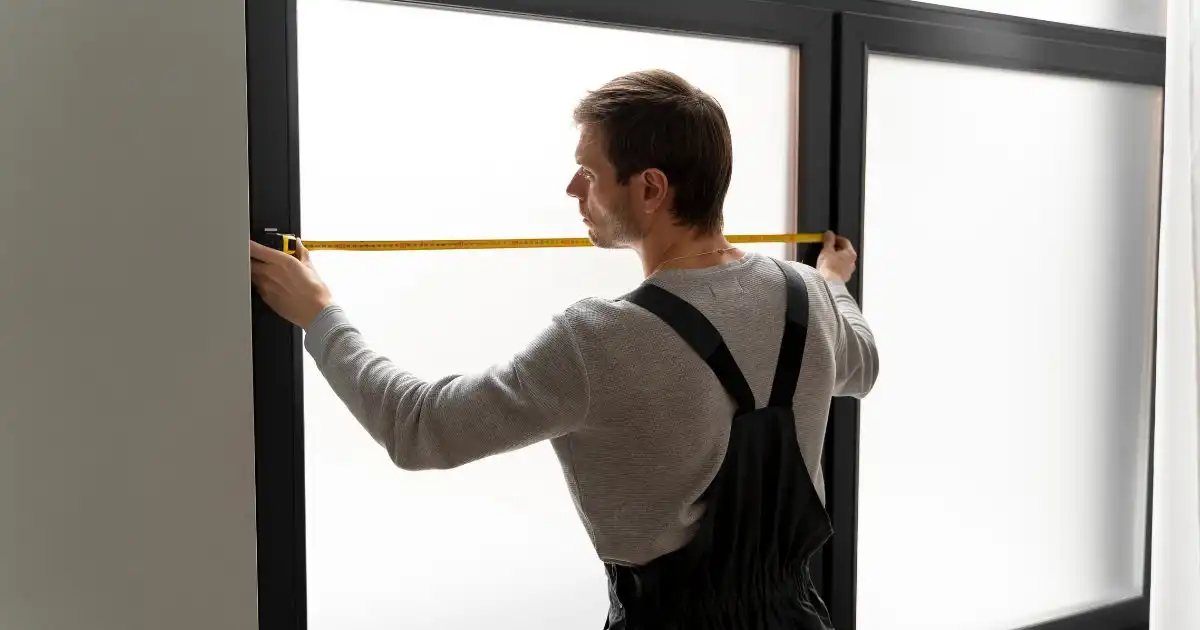Worker measuring large window frame.